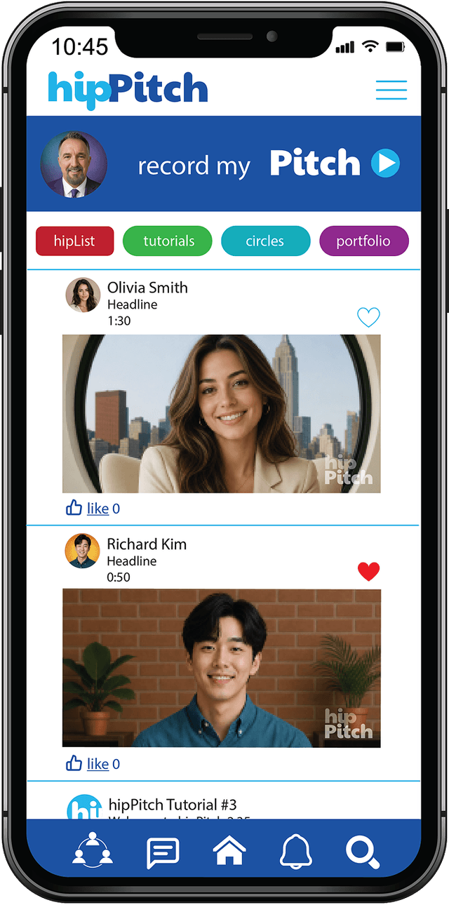 hipPitch mobile app showing video pitches feed